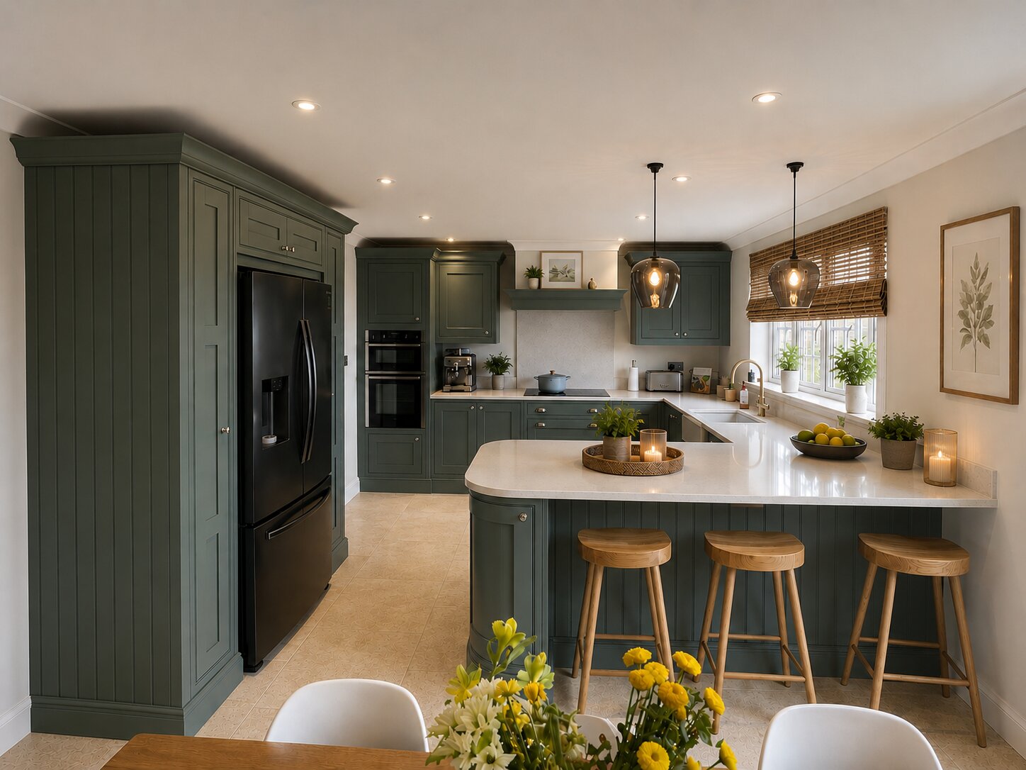 Large green in frame kitchen in Hertfordshire