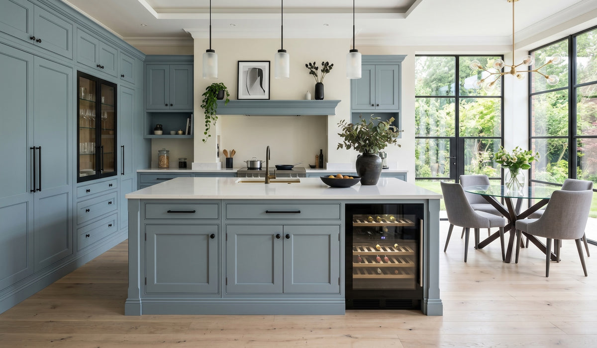 Blue bespoke kitchen in Hertfordshire with island